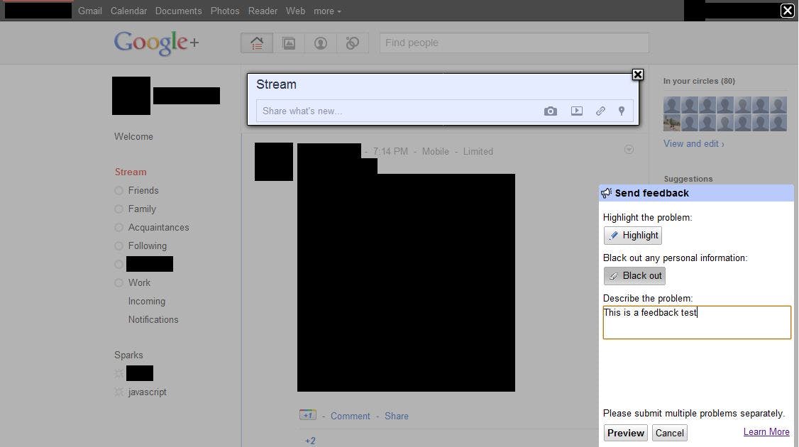 Creating a feedback message in Google+, blacking out and highlighting certain areas