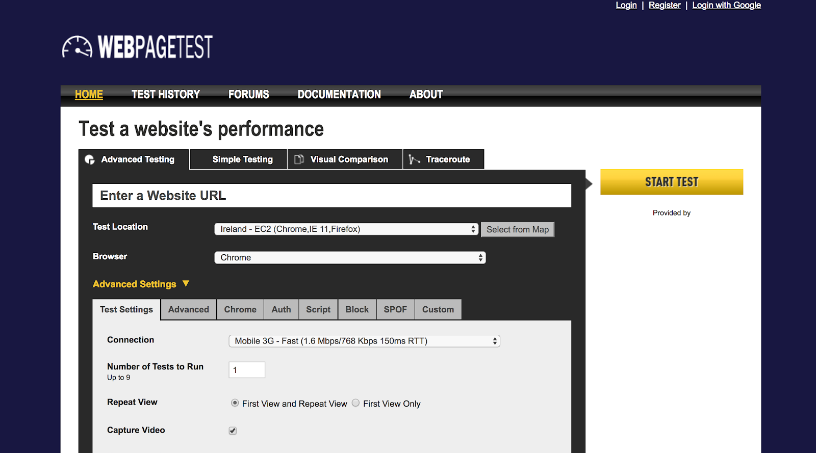 A screenshot of WebPagetest