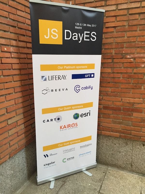 The JSDayES 2017 sign by the entrance of the venue