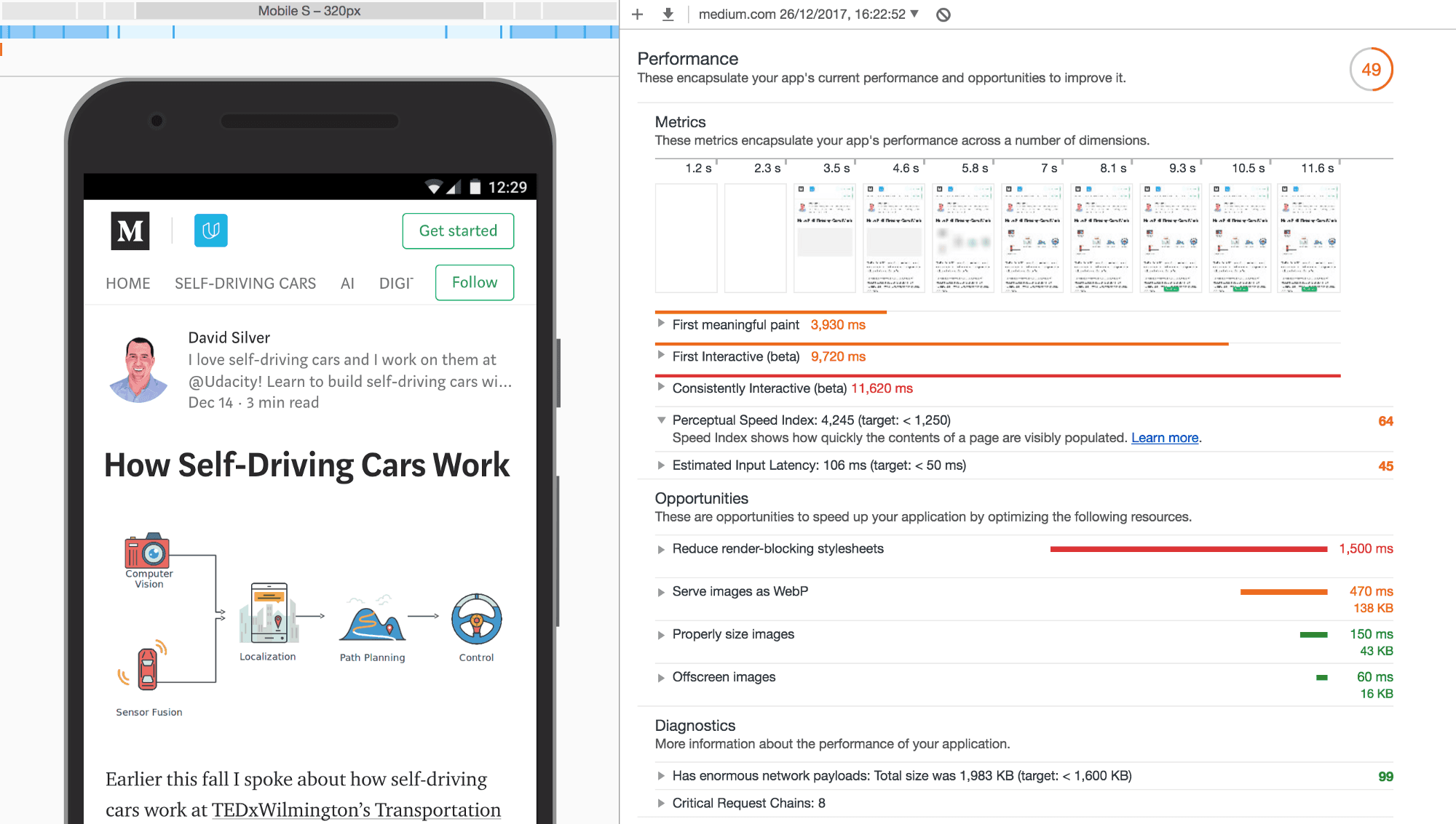 A screenshot of a performance audit on Google Chrome of a story on Medium on mobile.