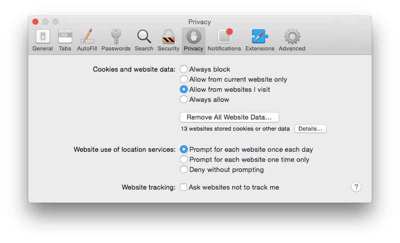 Privacy settings in Safari 8