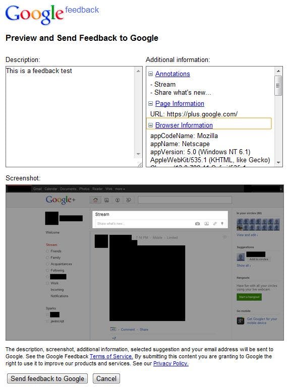 Preview of a feedback message in Google+, showing a screenshot of the web page