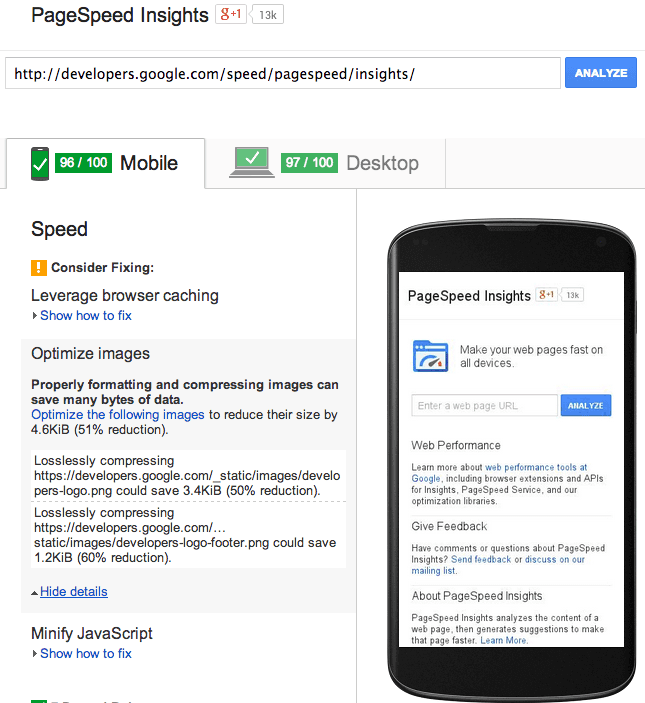 Analyzing a site using Google PageSpeed Insights online