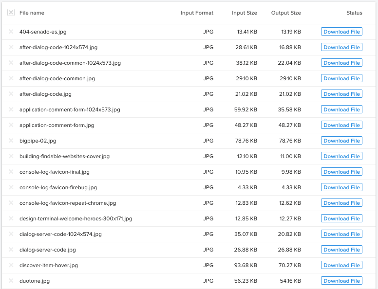 Jpeg.io results for some of the images of this blog