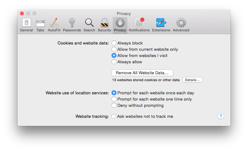Privacy settings in Safari 8