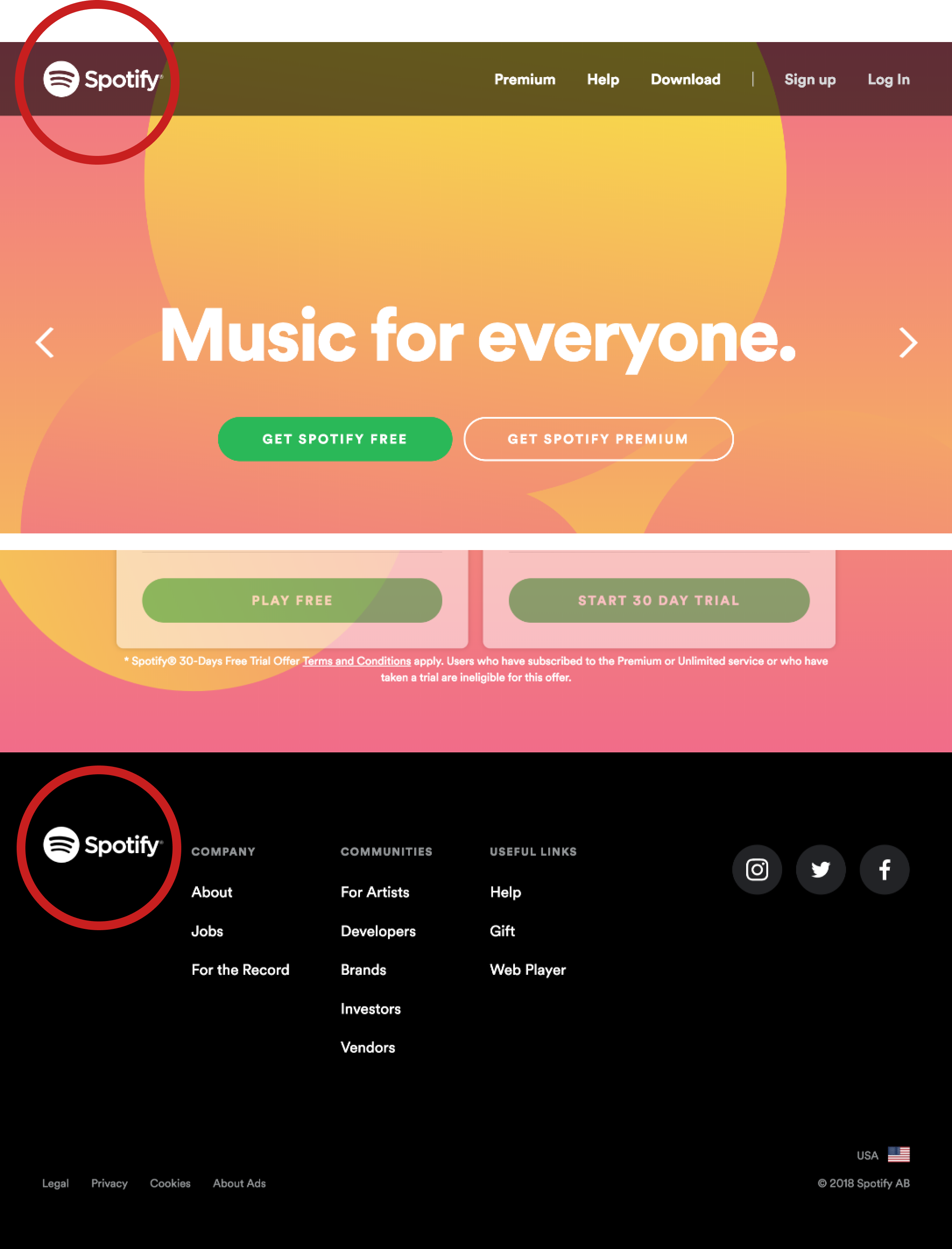 Spotify's home page on www.spotify.com. The logo is shown in the header and the footer
