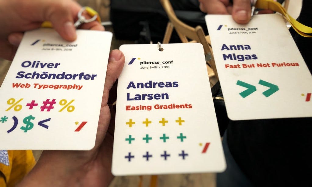 Love the attention to detail from the #pitercss crew that went into the conference badge #design (I think it was automated based on talk titles) – these are @glyphe, @szynszyliszys and mine. https://t.co/trfkJNGyGd